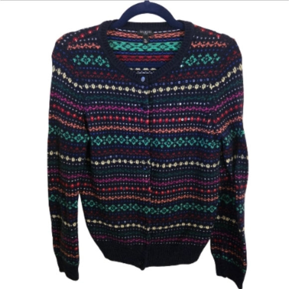 Talbots Fairisle Navy Colorful Subtle Sequined Crewneck Cardigan Sweater Size Mp - Picture 1 of 5